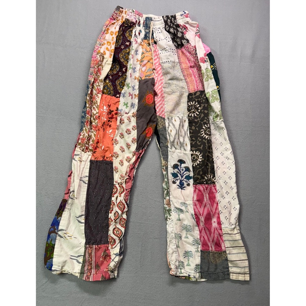 VTG Y2K Wns Casual Patchwork Boho Hippie Cotton Pants Elastic‎ Waist Drawstring